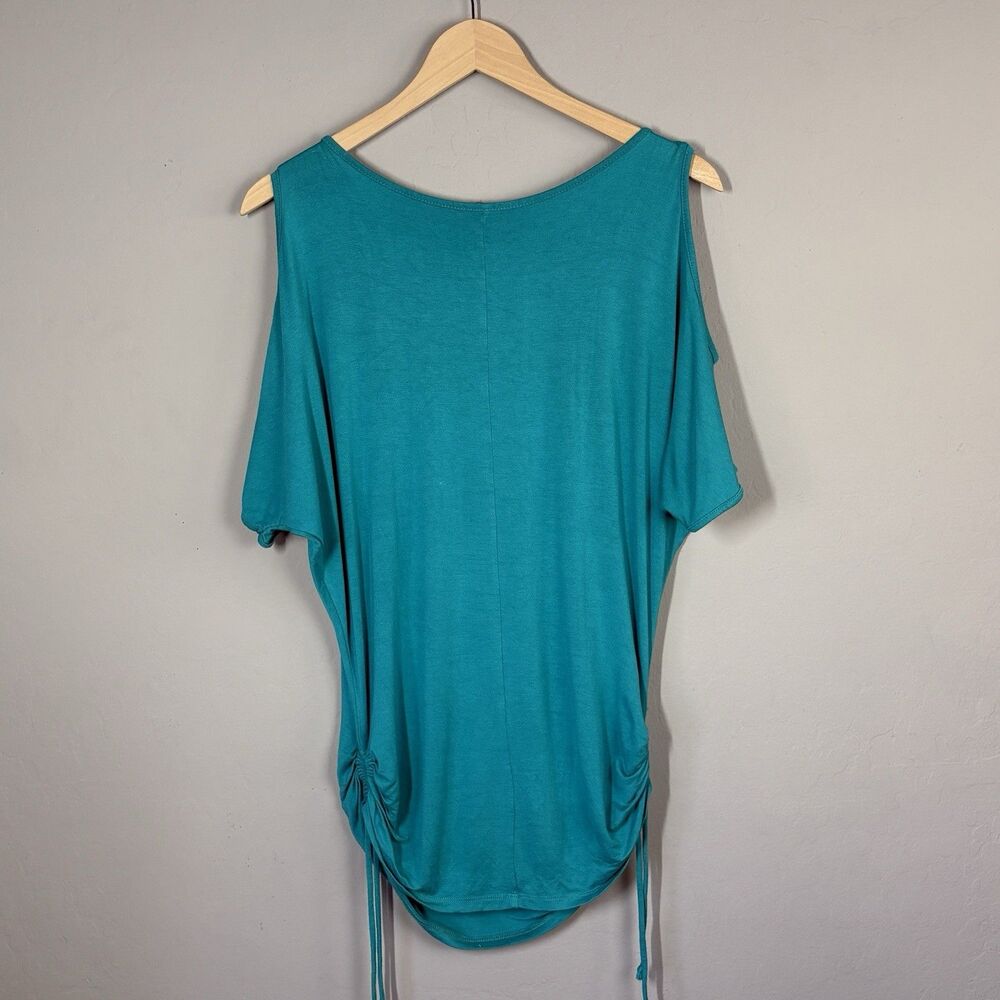 Vintage Y2K 2000s Top Women L Turquoise Blue Drape Stretch Office Siren USA Made - Picture 5 of 10